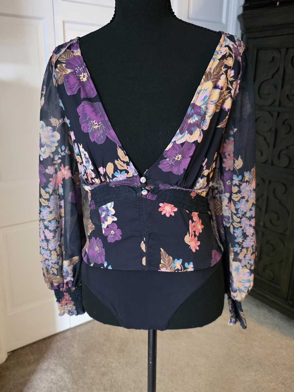 Free People NWT Floral Sheer Sleeve Bodysuit XS Whimsigoth Boho Gothic Top